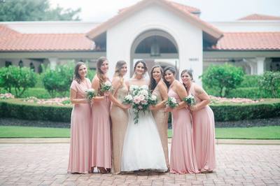 Blush and Gold Wedding | Bridesmaids carry single garden rose with greenery