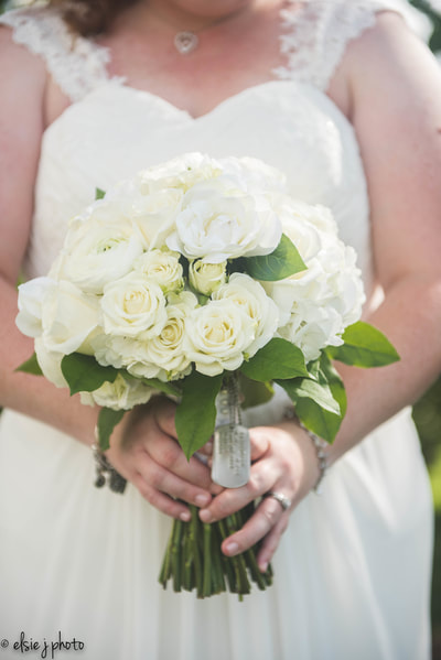 All White Bridal Bouquet with Military Tags | White hydrangea, roses, spray roses and ranunculus