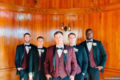 Groom burgundy tuxedo | Burgundy & black wedding